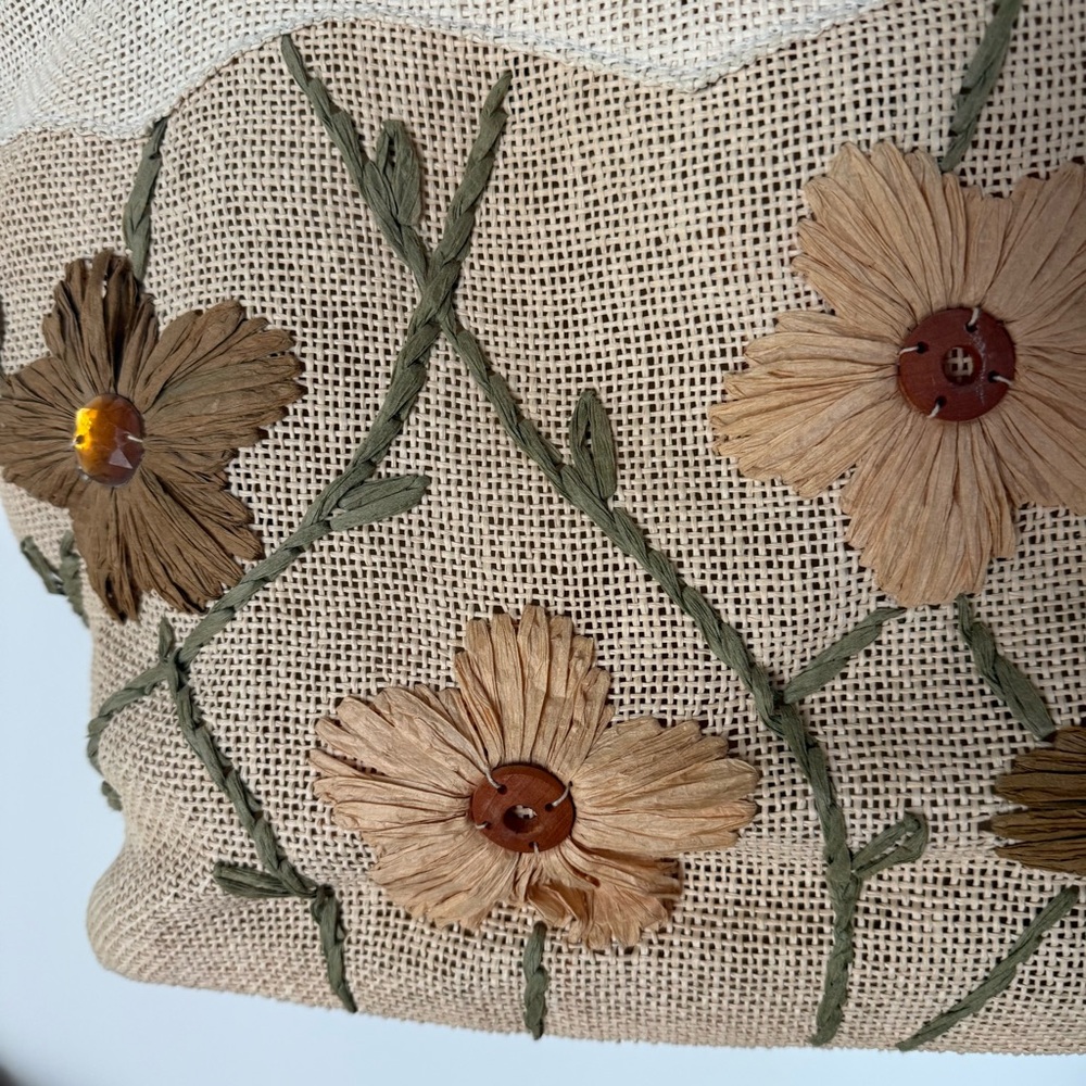 Beige Floral Embroidered Straw Tote Bag - Picture 3 of 9